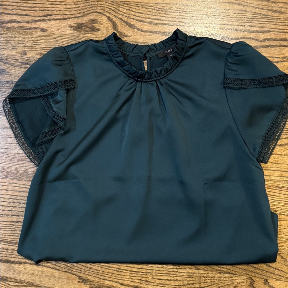 J. Crew Dark Green Blouse with Mesh Accents